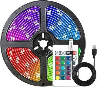 شريط إضاءة LED RGB بطول 5 متر بمنفذ USB مع ريموت كنترول 24 زر – 16 لون قابل للتغيير والتعتيم – لمبات 5050 عالية السطوع مرنة وقابلة للقص – إضاءة ديكورية مثالية للتلفزيون، غرف النوم