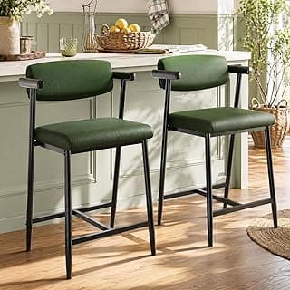 Garvee Bar Stools Set of 2 with Arms & Footrest, 2 Pcs Metal Modern Counter Height Barstools Set w/Wider Seat & Back, 26" Tall Bar Chairs for Kitchen Island, Counter Bar, Easy Assembly, Rustic Green