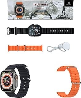 New 2025 T800 Ultra Smart Watch Elegant Design, HD Touch Screen, Heart Rate, Fitness Tracker, spo2, Calls, Sport, Music, Wireless Charging | IOS, android for men, women (Black + Orange Strap)