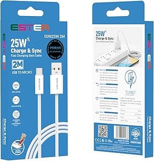كابل من USB إلى Micro USB بغلاف من بلاستيك بي في سي لنقل بيانات عالي السرعة وشحن سريع، متين للموبايلات الذكية وأجهزة التابلت من ايستر، طول 2 متر، أبيض، EUM25W