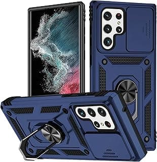 جراب لهاتف سامسونج Galaxy S22 Ultra مع غطاء كاميرا وحلقة مسند، حماية ضد الصدمات بمعايير عسكرية مع قاعدة مغناطيسية للسيارة (أزرق)