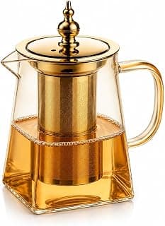 Glass Ribbed Teapot with Amber Handle, Clear Borosilicate Glass, 950ml Capacity, Heat-Resistant, Stainless Steel Lid, Vertical Pattern Design, Tea Infuser Included