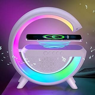 مصباح طاولة متعدد الوظائف مع شاحن لاسلكي وسماعة بلوتوث، إضاءة LED على شكل حرف G، راديو FM، 6 أوضاع إضاءة RGB متزامنة مع الموسيقى، شحن سريع 15 وات، إضاءة ليلية بـ 7 ألوان للمنزل