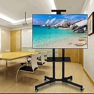 حامل تلفزيون من 32 إلى 70 بوصة، عجلات مع فرامل، قابل للتعديل، أسود، لشاشات LED/LCD، مع رف للكاميرا ورف للريسيفر