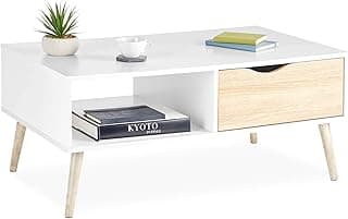 VonHaus White Coffee Table with Storage - Coffee Tables for Living Room with Light Oak Effect, Shelf & Soft Close Drawer, Modern Scandi Furniture, 99x60x43cm