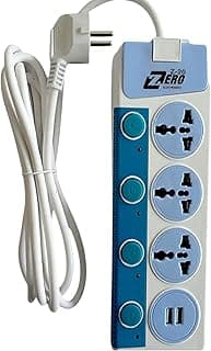 Zero Electronics ZR-30 Power Strip with 4 Outlets and 2 USB Ports, Individual Switches, White & Blue