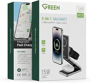 محطة شحن لاسلكي من V Volt مغناطيسية 3 في 1 قابلة للطي، شحن سريع 15 واط، رمادي، متوافقة مع iPhone و Apple Watch و AirPods