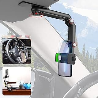 R&J Car Sun Visor Phone Holder, Multifunctional 360° Rotating Sun Visor Cell Phone Holder, Universal Retractable Rearview Mirror Steering Wheel Phone Clip Mount Compatible with iPhone/Samsung/Android