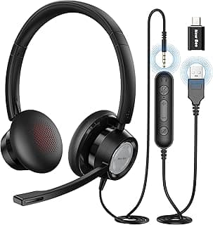 سماعات رأس H362 بمنفذ USB من نيو بي، ميكروفون قابل للدوران 270 درجة بتحكم مدمج ومركز الاتصال، ستيريو سلكية للكمبيوتر مريحة للغاية لسكايب وزووم والكمبيوتر المحمول والموبايل والتابلت، شفاف