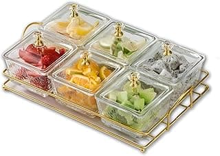 Serving tray-A set of clear bowls for serving with a golden metal rack, including buffet dishes and buffet server, ideal for chips, dips, nuts, candy, fruit, and desserts. (6 containers)