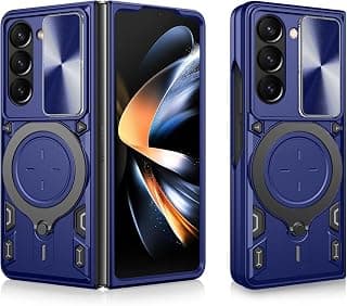 جراب متوافق مع سامسونج Galaxy Z Fold 6، غطاء منزلق للكاميرا، حلقة دوارة 360 درجة، مسند، مضاد للصدمات، حامل مغناطيسي للسيارة لهاتف سامسونج Z Fold 6 (أزرق)