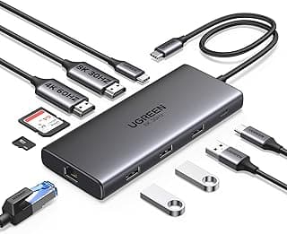 يوجرين قاعدة شحن برو 210 USB C 10 في 1 من ريفودوك مع HDMI مزدوج 4K@60Hz مفرد 8K@30Hz USB A ومنفذ بيانات USB C 100 واط شحن PD ايثرنت 1Gbps وقارئ بطاقة SD لديل XPS ثينك باد، رمادي