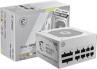 MSI باور سبلاي العاب صغير الحجم 850 واط من ماج A850GL PCIE5 ابيض، 850 واط، 80+ ذهبي، ATX 3.1 ومنفذ PCIe 5.1 جاهز، كيبل اصلي مزدوج اللون 12V-2x6، ضمان 10 سنوات