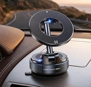 Magnetic Car Phone Holder, 360° Rotation Suction Cup Metal Foldable Adjustable Hands Free Suction Cup Phone Holder for Car Phone Holder Pocket Size Compatible with All Mobile Phones and All Car Models