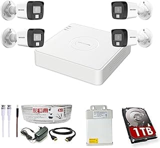 جهاز تسجيل DVR بدقة Full HD و 4 قنوات مع 4 كاميرات خارجية بدقة 2 ميجابكسل [رؤية ليلية ملونة + ميكروفون مدمج + إضاءة مزدوجة ذكية + كشف حركة] + هارد ديسك 1 تيرابايت + مزود طاقة 4 قنوات + كابلات CCTV وموصلات BNC/DC - أبيض