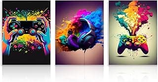 مجموعة بوسترات حائط جيمنج من 3 قطع من Dazzlewall، صور سماعة رأس وجيم باد ملونة، بوسترات ألعاب فيديو لغرفة المراهقين وغرفة الألعاب 12×16 بوصة بدون إطار