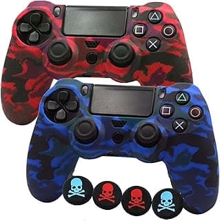 طقم غطاء سيليكون ناعم غير قابل للانزلاق قطعتين مع 4 قطع أغطية لعصا التحكم (Thumb Grip) لجهاز بلايستيشن 4 (أحمر، أزرق)