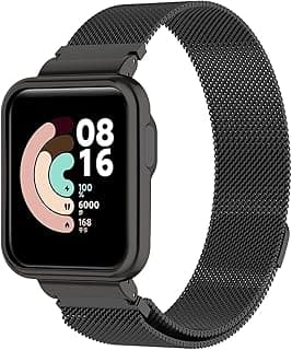 حزام ساعة 2 في 1 من الستانلس ستيل مع غطاء مغناطيسي، حزام معدني متوافق مع شاومي Mi Watch Lite/Redmi Watch (أسود)