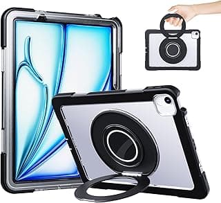 جراب لجهاز اي باد اير 11 بوصة M3 2025/M2 2024 مع شاشة حماية HD، حامل معدني دوار 360 درجة، غطاء خلفي شفاف شديد التحمل مضاد للصدمات للأطفال مع حامل قلم، أسود من روسروم