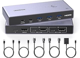 يوجرين محول محول كيه في ام بـ4 منافذ USB 3.0 مع 2 كيبل USB 3.0، رمادي