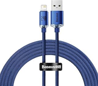 كابل بيانات للشحن السريع من سلسلة كريستال شاين سي دبليو-اف اكس بي USB الى اي 2.4 امبير بطول 2 متر لون ازرق لمحول الشحن مطاط