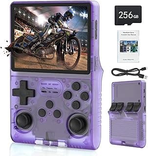FHYRGF R40S PRO جهاز ألعاب محمول، شاشة 3.5 بوصة IPS، ميني ريترو كونسول، بطارية 3800mAh، محاكي 12+، كارت ذاكرة 256G، شفاف (بنفسجي)