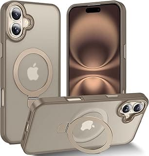 جراب لهاتف iPhone 16 ضد الصدمات مغناطيسي مع حامل حلقة، حماية من السقوط حتى 10 قدم، ملمس مخملي، ظهر مطفي شفاف، متوافق مع MagSafe (برونزي)