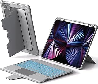 جراب كيبورد لجهاز iPad Air 13 inch (M3 2025/M2 2024) و iPad Pro 12.9 inch (الجيل السادس/الخامس/الرابع/الثالث)، كيبورد بإضاءة خلفية قابل للفصل مع ماوس باد، مكان للقلم وغطاء للكاميرا، حماية قوية، رمادي