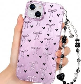 Compatible with iPhone 14 Hard Shell Case - Romantic Black Bows & Hearts with Hand Chain Beads Charm - Durable Shockproof Back Cover with Built-in Camera Protection