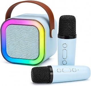 Karaoke Machine Portable Bluetooth Speaker with 2 Wireless Microphones, RGB LED Party Lights, Rechargeable 5.3 Singing System, Carry Handle for Home Travel, Blue