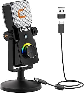 كوميكا ميكروفون مكثف USB قلبي متعدد الاستخدامات مع اضاءة RGB 48 كيلو هرتز - 24 بت سطح المكتب للبث والتسجيل والالعاب والمدونات الصوتية التوصيل والتشغيل للكمبيوتر واللابتوب والجوال أسود