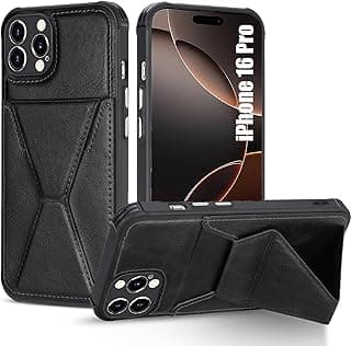 Leather Case for iPhone 16 Pro Case with Card Holder [Store 2 Cards],Wallet Case with [Hand Grip Kickstand] Magnetic Car Mount Slim fit Phone Case for iPhone 16 Pro Cover-Black
