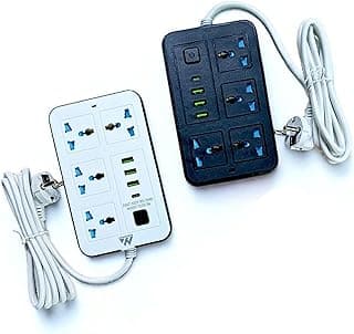 Alostaz مشترك كهرباء عالمي بـ 4 مخارج كهرباء و 2 منفذ USB ومنفذ TYPE-C بطول 2 متر، مشترك 4 اتجاهات مع منفذ شحن USB-C PD - أبيض في أسود 2 متر