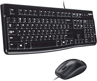 لوحة مفاتيح وماوس من لوجيتيك سلسلة MK120 لنظام ويندوز ماوس سلكي بصري توصيل وتشغيل USB حجم كامل للكمبيوتر-الكمبيوتر المحمول تنسيق المملكة المتحدة - لون أسود