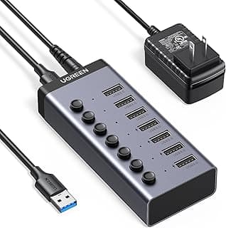 موزع USB 3.0 يعمل بالطاقة من يوجرين محول يو اس بي 7 منافذ مع 4 شحن ذكية مقسم مفاتيح تشغيل-إيقاف LED فردية ومحول طاقة موسع للابتوب والكمبيوتر رمادي