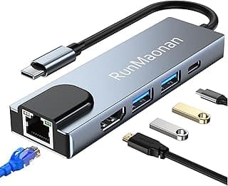 USB C Hub, 5-in-1 USB C Hub Multiport Adapter with Fast Ethernet, 100W PD, HDMI 4K, 2USB 3.0, 1USB2.0 C Data Port, Dongle Dock for MacBook Pro/Air HP Dell Laptops