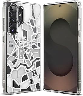 جراب Fusion Design متوافق مع سامسونج Galaxy S25 Ultra، ظهر شفاف PC، ممتص صدمات TPU مرن، مقاوم للخدش والصدمات (خريطة سيول أبيض)