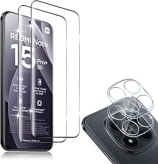 سكرين بروتكتور متوافق مع شاومي Redmi Note 15 Pro Plus 5G/15 Pro+ 5G من الزجاج المقوى، عبوة من 2 زجاج حماية 3D و2 فيلم حماية للكاميرا، صلابة 9H وشاشة HD