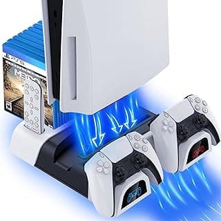 قاعدة PS5 مع مروحة تبريد وشاحن ذراع تحكم، قاعدة شحن مزدوجة مع مؤشرات LED و14 مكان للألعاب