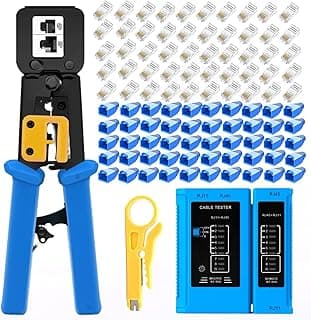 أداة كبس Rj45 لـ Cat5 Cat5e Cat6، كباس قوي لموصلات Rj45 Rj12/11 EZ Pass-Through مع 50 موصل Pass-Through 8P، 50 غطاء ومقشرة أسلاك