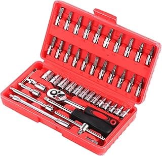 HSEAMALL 46 Pieces Socket Set, 1/4 Inch Drive Ratchet Socket Wrench Driver Bits Metric Set Flexible Extension Rods Screwdriver Bits for Car Bicycle Repair (46, Upgraded Design - Red)