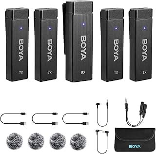 BY-W4 Multiple Wireless Lavalier Microphone for 4 People,Mini Wireless Lapel Mic with Noise Cancelling & Real Time Monitoring for Youtube Vlog Interview Video Conference Online Teaching