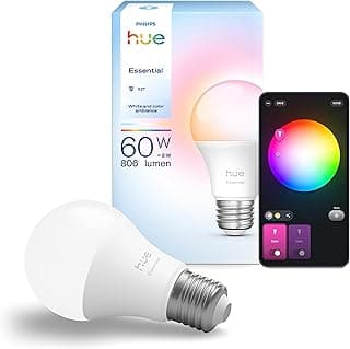 فيليبس هيو مصباح LED ذكي A60 من اسينشيال، مصباح E27 ابيض وملون، 8 واط، 2200-6500 كلفن، 806 لومن، قابل للتعتيم، متوافق مع اليكسا ومساعد جوجل وابل هوم، عبوة من قطعة واحدة