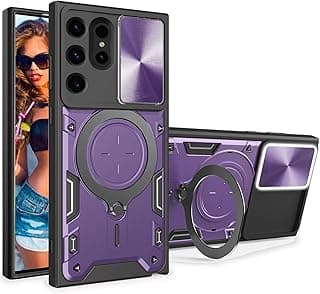 Compatible with Samsung Galaxy S24 Ultra Case Cover, Camera Sliding Cover, 360 Rotating Ring Holder, Kickstand, Shockproof, Wireless Charging Support for Samsung S24 ultra (Deep Purple)