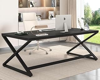 LVB 70.8" Long Desk, Modern Large Black Computer Desk for Home Office Work, Wood Metal Computer Table for Writing Study in Bedroom, Simple Gaming Desk for 2 Monitor Workstation, Black Oak, 70 in