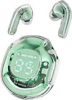 Wireless Bluetooth Earbuds, Transparent Design with LED Light, Digital Display, Color (Green)