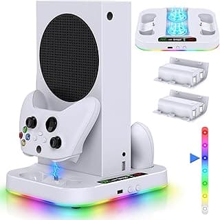 قاعدة تبريد مع شريط إضاءة RGB لجهاز Xbox Series S، محطة شحن مزدوجة مع بطاريتين 1400mAH، ملحقات شحن مع 15 وضع إضاءة RGB، منفذ USB2.0 للمزامنة