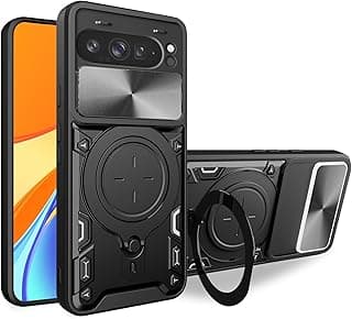 جراب غطاء مقاوم للصدمات مع سلايدر لحماية الكاميرا TPU + PC مع حلقة CD متوافق مع Pixel 9 Pro XL (أسود)