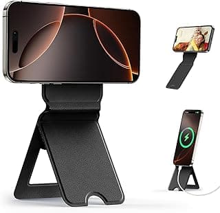 Ultra-Thin Magnetic Phone Tripod Stand Compatible with Magsafe iPhone 15/14/13/12 Series, Adjustable Leather Phone Holder Mount, Invisible Selfie Stick for Video Recording, Black
