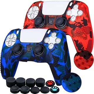 جراب سيليكون للتحكم PS5 من ELECDON | غطاء سيليكون بنقوش للتحكم Dualsense لجهاز PS5 عدد 2 (تمويه أحمر+أزرق) مع 10 قطع غطاء أنالوج